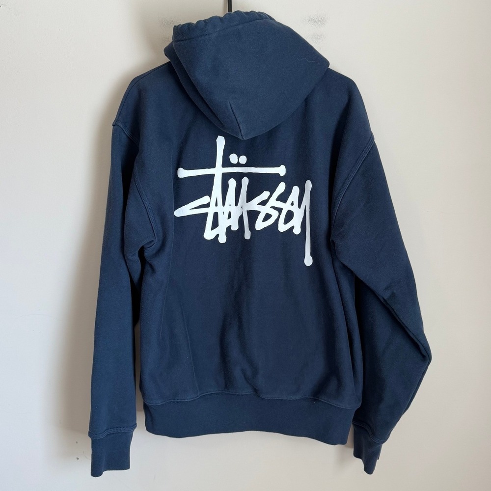 Stussy Navy Pullover Hoodie Mens Size M Graphic Print Logo Kangaroo Pocket